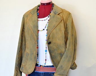 Gold meliert gefärbte 6 kleine Upcycled Talbots Denim Blazer Jacke für Damen (40 "Brustumfang)