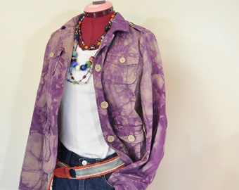 Purple Mottled Dyed Womens 10 Medium Upcycled Gap Cotton Safari JACKET (38" chest)