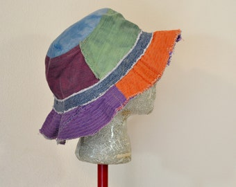 Dyed Denim 27" Beach Bucket Sun HAT #291 - Rustic Green Orange Wine Blue Dyed Upcycled Denim Fringed Frayed - Adult XXL Extra Large 27"