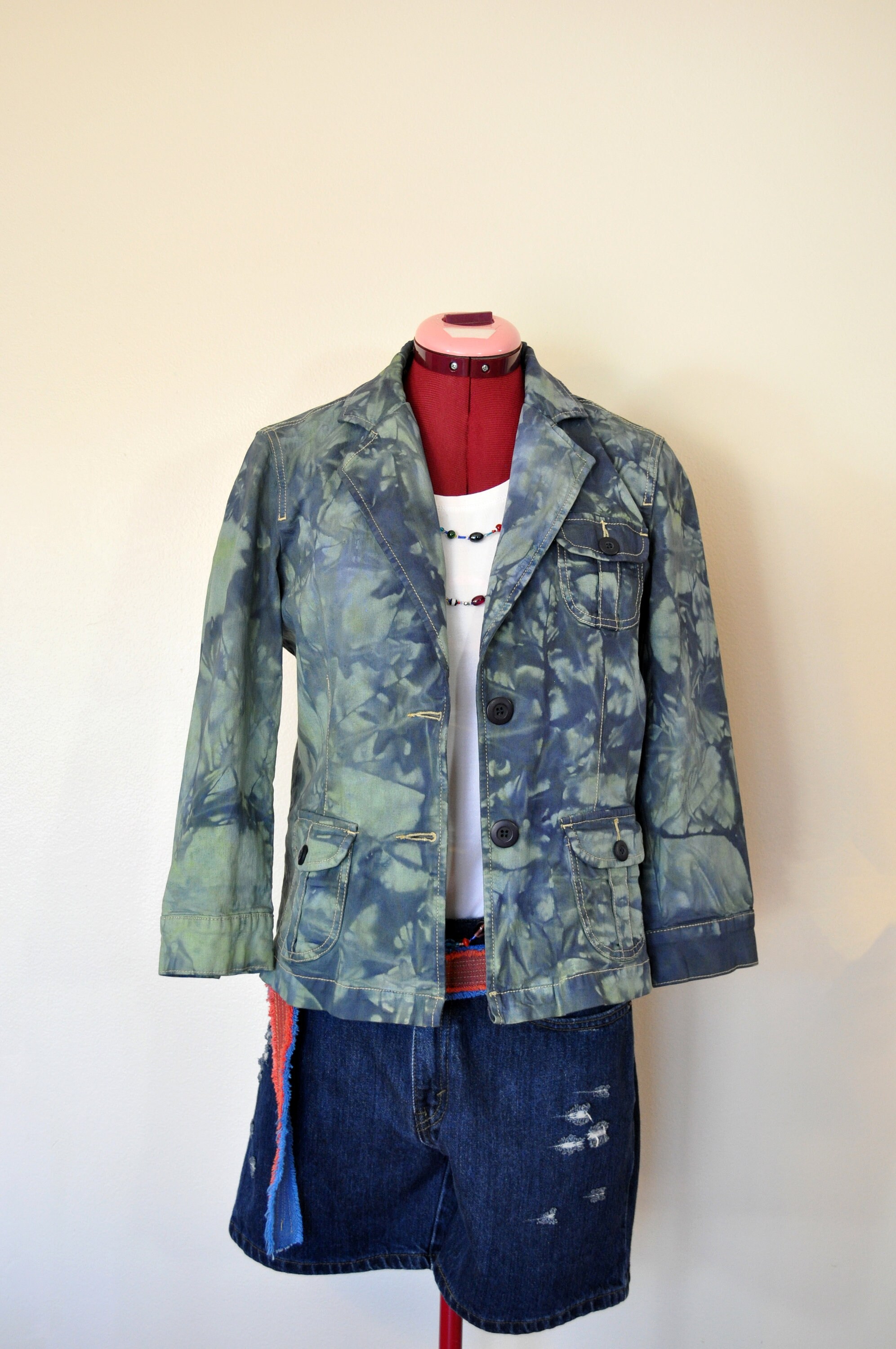 Green Blue Medium Cotton Jacket - Green Navy Mottled Dyed Upcycled Crazy Horse Cotton Blazer Jacket - Adult Womens Petite Medium (40\