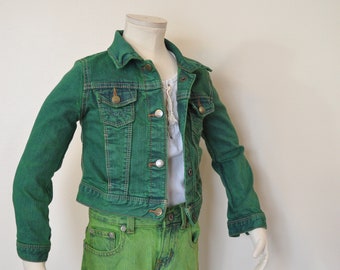 Kids Girls Sz 5/6 XS Denim JACKET - Kelly Green Dyed Upcycled Gap Cotton Denim Trucker Jacket - CHILDs Size 5 Year Extra Small (24" chest)