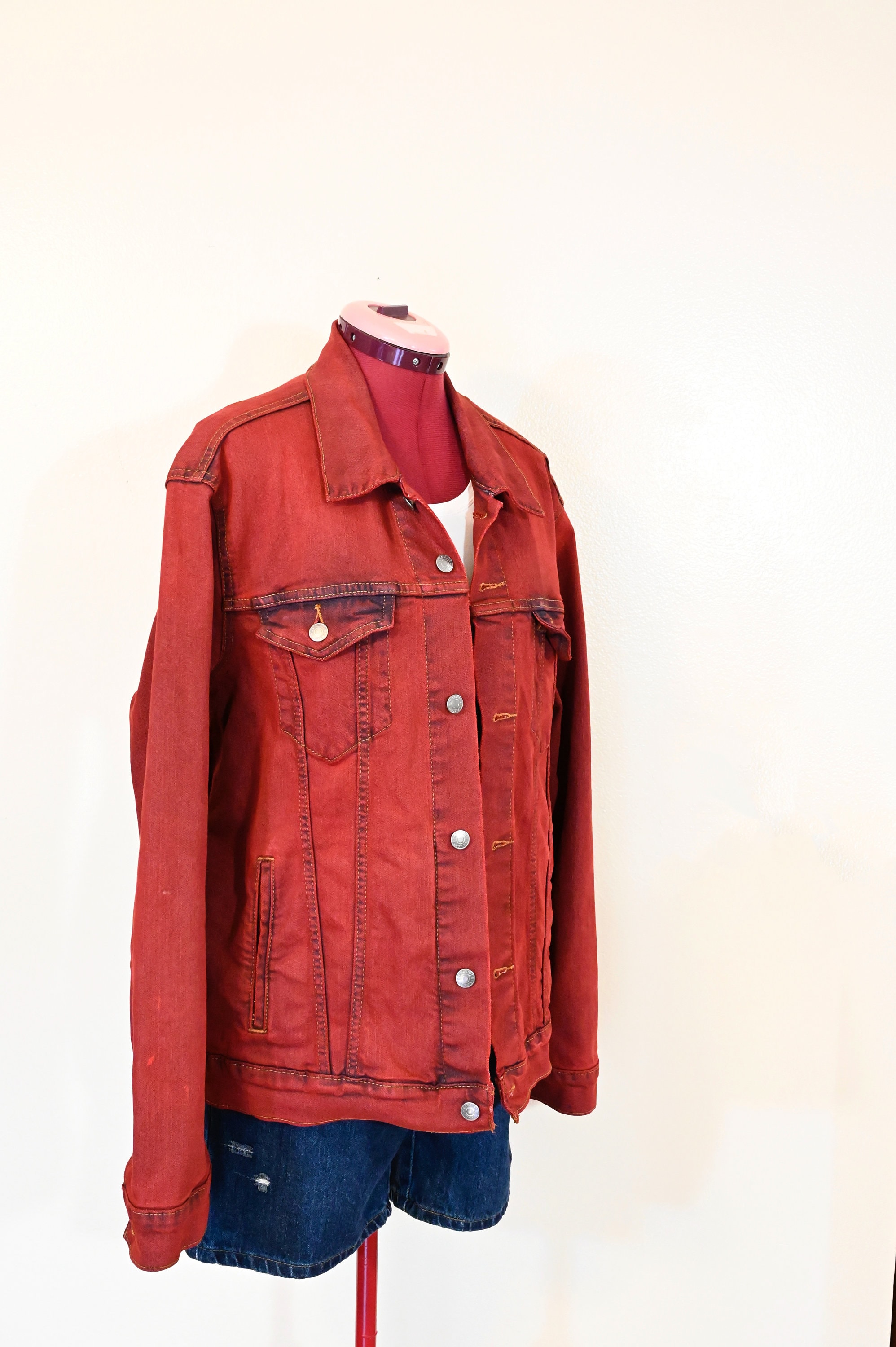 Red Mens Medium Denim JACKET - Scarlet Red Solid Dyed