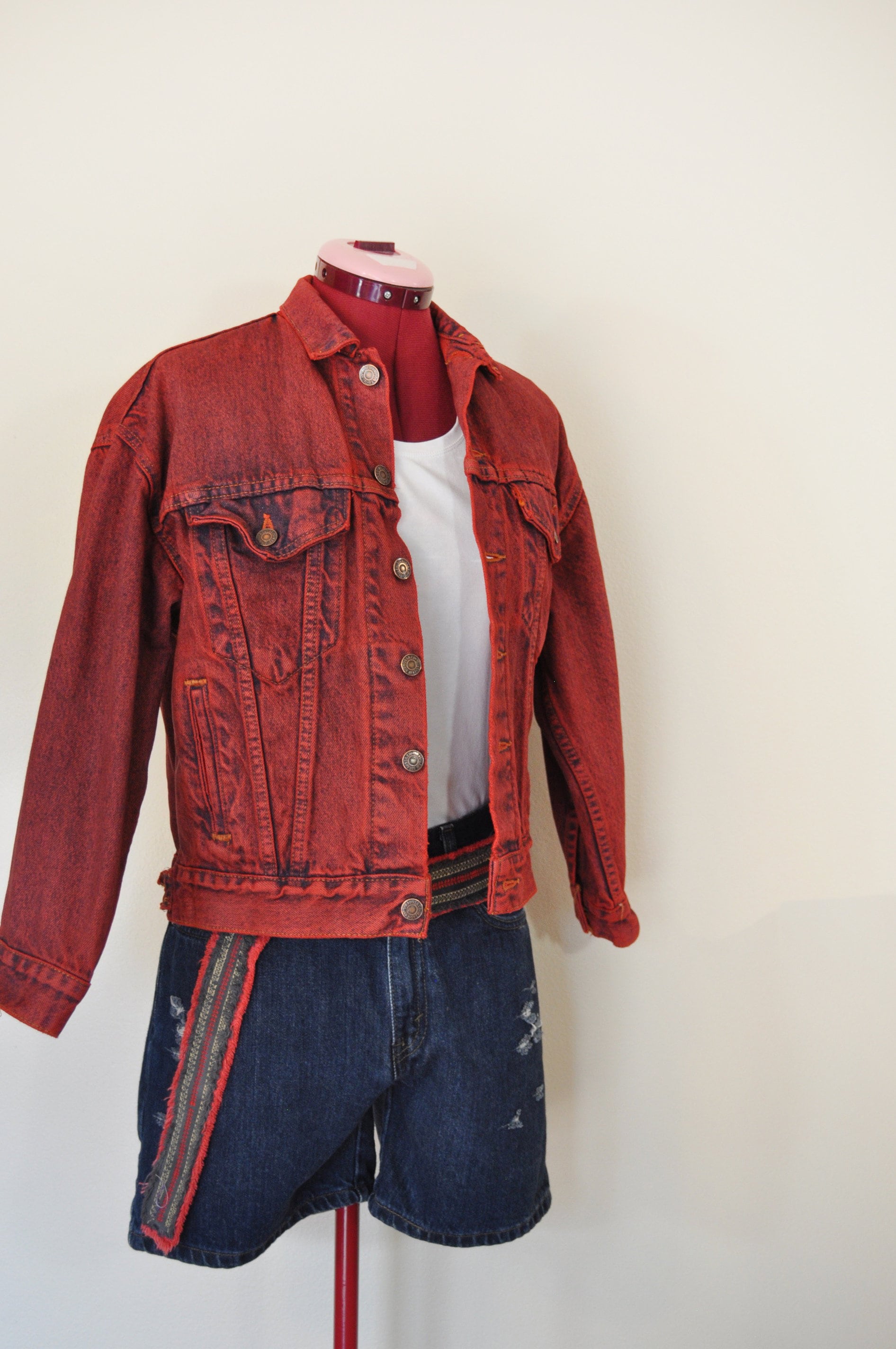 Red Dyed Boys Medium Upcycled 80s Levi's Denim Trucker JACKET (40