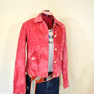 Pink Womens Small Denim JACKET - Fuchsia Magenta Dyed Upcycled St. Johns Bay Cotton Trucker Jacket - Adult Womens Size Small (40 chest)