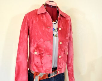 Fuchsia Dyed Womens Small Upcycled  St Johns Bay Denim Trucker JACKET (40" chest)