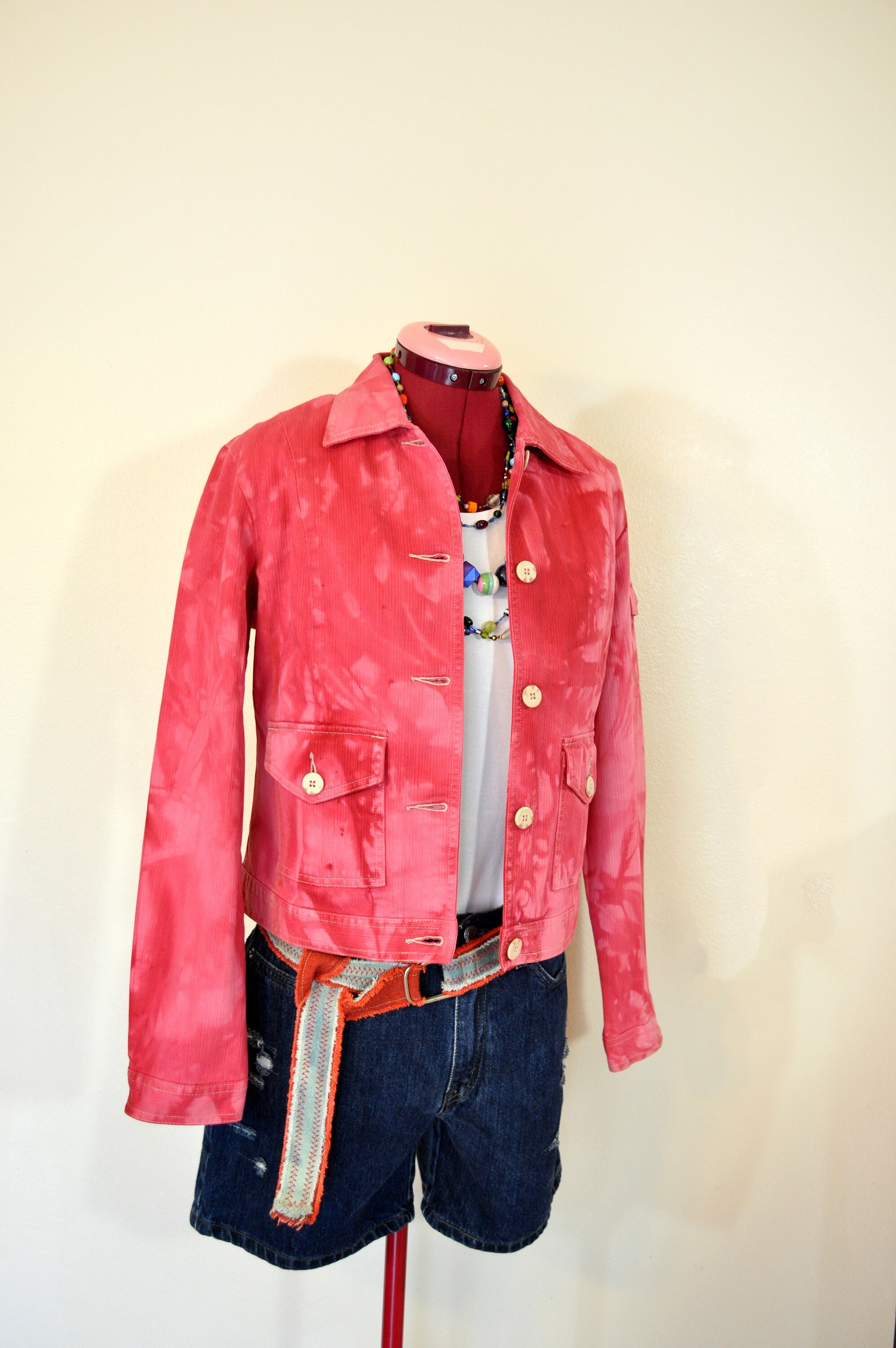 Pink Small Denim Jacket - Fuchsia Magenta Dyed Upcycled St. Johns Bay Cotton Trucker Jacket - Adult Womens Size Small (40 Chest)