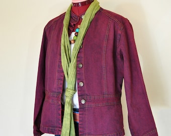 Red Dyed Womens Medium Upcycled St Johns Bay Denim Blazer JACKET (42" chest)