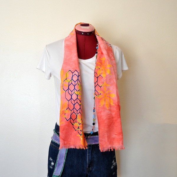 Cherry Cotton Linen SCARF - Pink Red Hand Dyed Tie Dye Screen Printed Hand Made Linen Cotton Scarf #274 - 12 x 64"