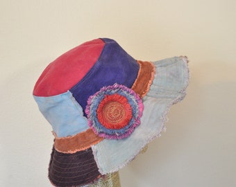 Dyed Denim 23" Beach Bucket Sun HAT #108 - Rustic Red Green Purple Pink Brown Dyed Upcycled Denim Fringed Frayed - Adult Size Large 23"