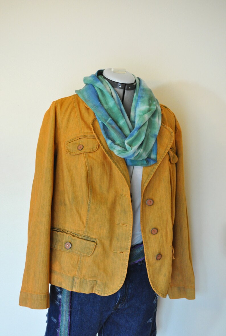 Gold 16W XL Denim JACKET Adult Womens Size 16W Extra Large Golden Topaz Hand Dyed Upcycled Fashion Bug Denim Blazer Jacket 46 chest