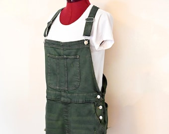 Green Women's XL Bib OVERALL Shorts Olive Dyed Upcycled No