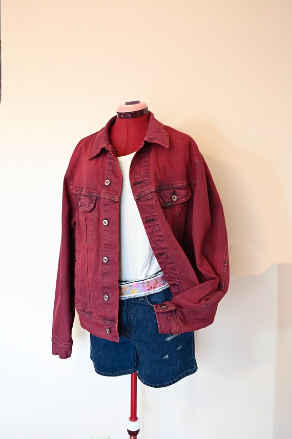希少 Vintage Levi's RED Denim Shop Coat Red Dyed Adult Men's XL Upcycled Lee Denim Trucker JACKET - Extra