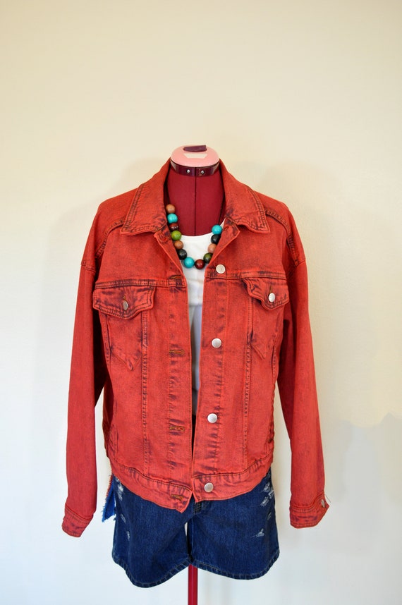 Red Medium Denim JACKET - Scarlet Red Dyed Upcycl… - image 3
