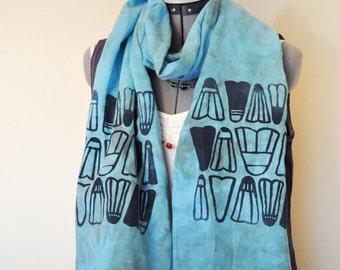 Blue Green Screen Print SCARF - Hand Dyed Teal Badminton Shuttlecock Birdie Screenprint Hand Made Linen Scarf #131 - 12 x 74"