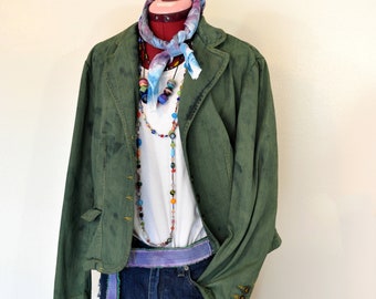 Green Dyed Adult Women's Medium Upcycled St Johns Bay Denim Blazer JACKET (44" chest)