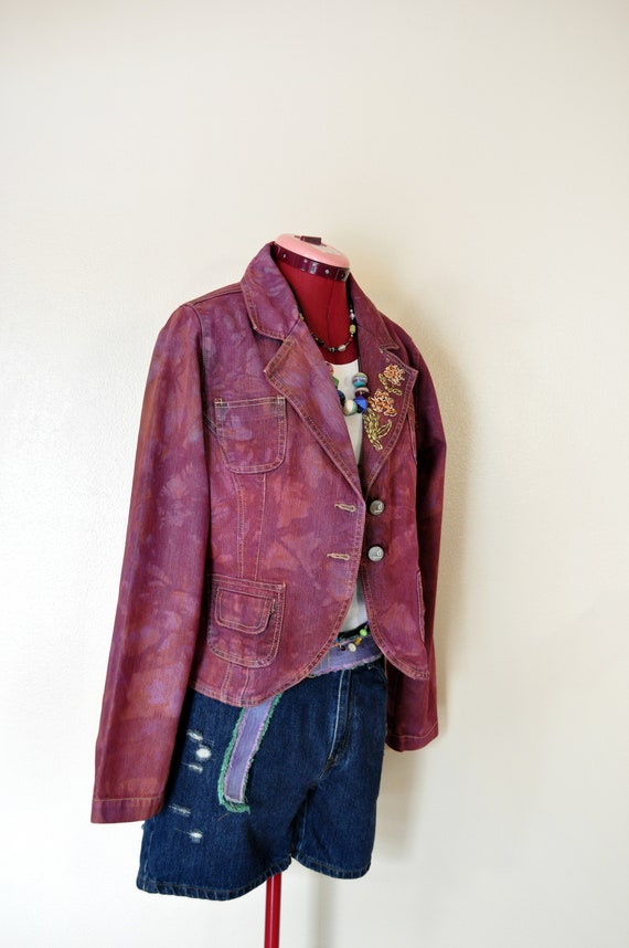 Red Small Denim Jacket - Red Wine Dyed Upcycled V… - image 3