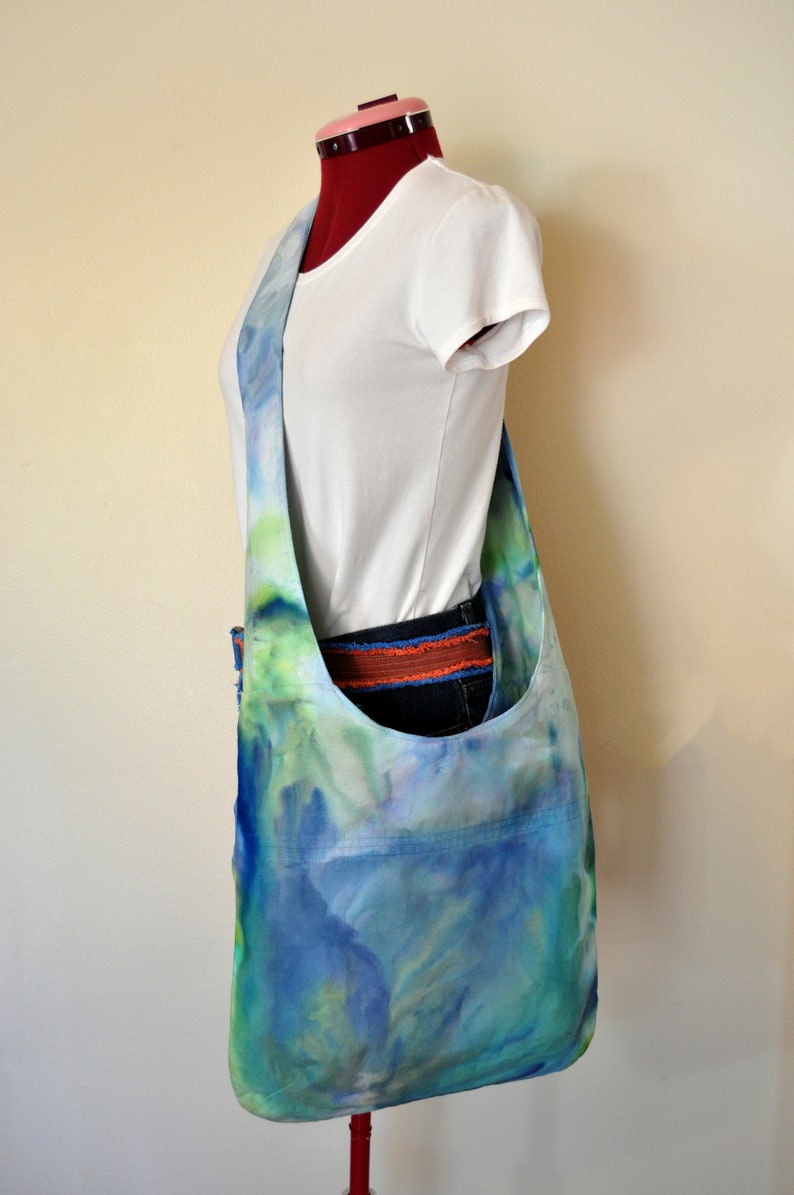 Hand Made Ice Dyed Cotton Denim Handbag Over the Shoulder Messenger Book Laptop Tote 40 Blue Green Dyed Canvas Handbag Satchel