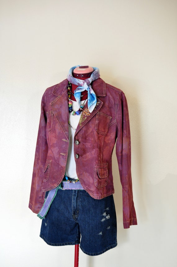 Red Small Denim Jacket - Red Wine Dyed Upcycled V… - image 2