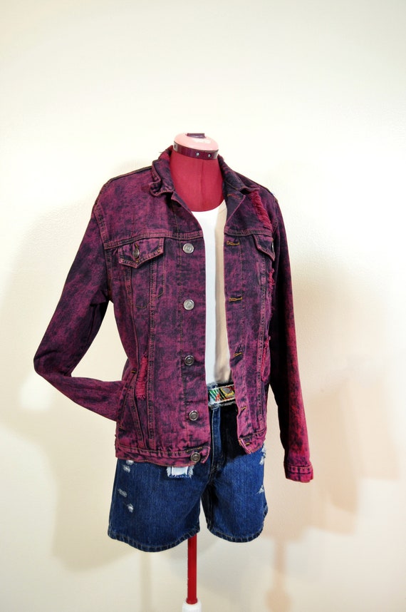 Wine Mens Small Denim JACKET - Wine Red Dyed Upcy… - image 3