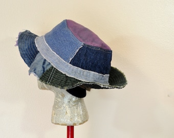 Dyed Denim 27" Oversized Beach Bucket Sun HAT #255 - Rustic Blue Red Violet Upcycled Denim Faded Fringed Frayed - Adult XXL Extra Large 27"