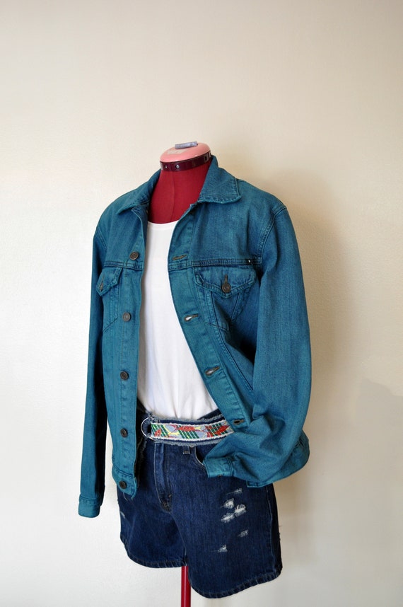 Teal Mens Small Denim JACKET Blue Green Dyed Vintage Upcycled Lucky Brand  Denim Trucker Jacket Adult Mens Size Small 38 Chest 