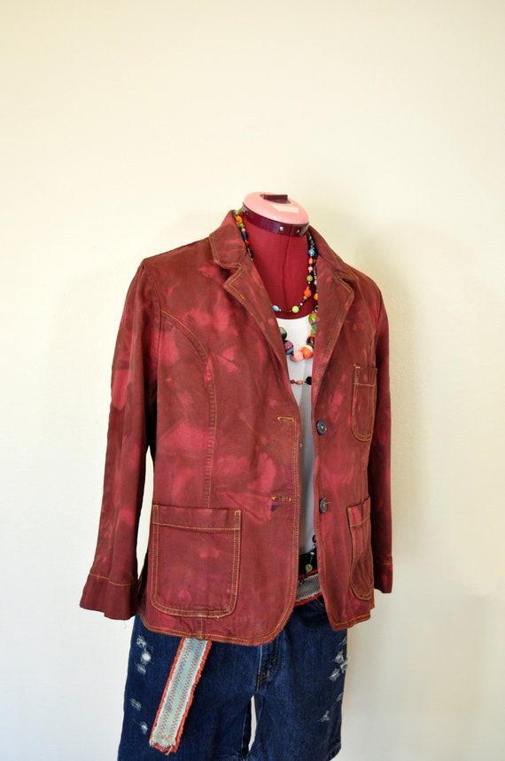 Red Jrs XL Denim JACKET Scarlet Red Brown Dyed Vintage Upcycled