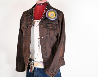 Brown Dyed Womens Medium Upcycled Old Navy Denim Trucker JACKET (40" chest)