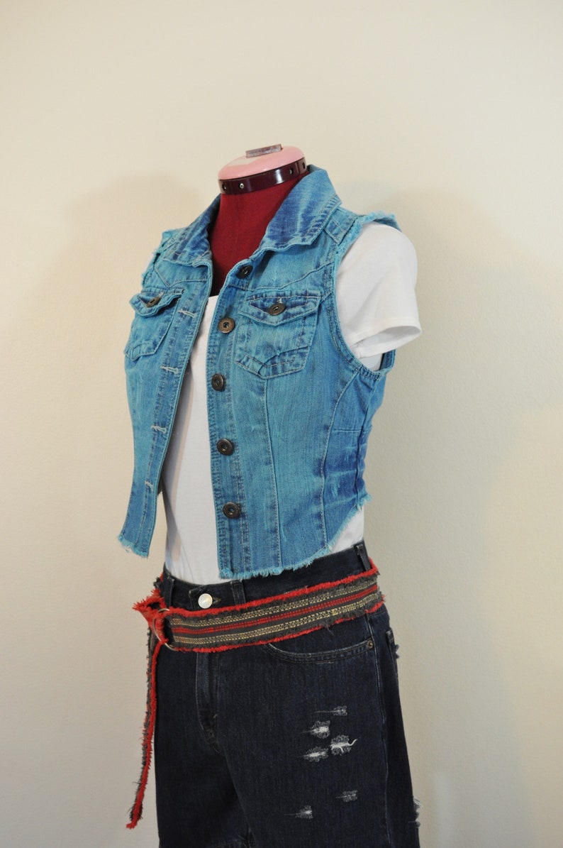 30 chest Aqua Girls Small Denim VEST Childs Teen Size Small Blue Green Dyed Upcycled Highway Jeans Cotton Denim Vest