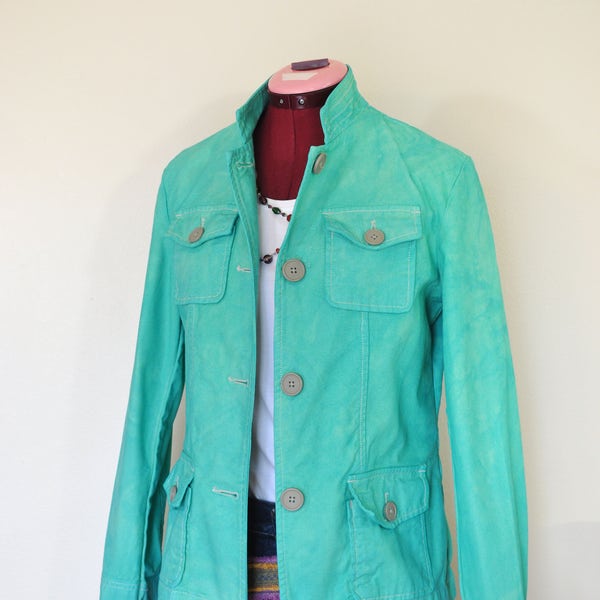 Aqua Sz 4 Small Denim JACKET - Turquoise Dyed Upcycled Unknown Cotton Safari Blazer Jacket - Adult Womens Size Small (38" chest)