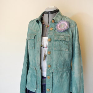 Green Womens Small Cotton JACKET - Green Dyed Upcycled Jacob Annexe Cotton Safari Blazer Jacket - Adult Womens Size Small (38&quot; chest)
