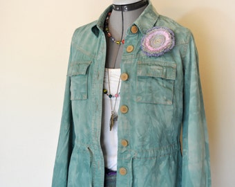 Green Small Cotton JACKET - Green Dyed Upcycled Jacob Annexe Cotton Safari Blazer Jacket - Adult Womens Size Small (38" chest)