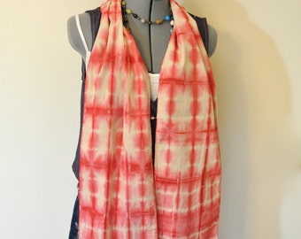 Red Dyed Cotton SCARF - Scarlet Red Tan Hand Dyed Tie Dye Hand Made Shibori Cotton Skinny Scarf  #93 - 8 x 74"