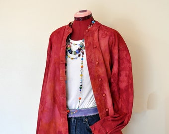 Red Large Cotton Jacket - Orange Cherry Red Dyed Upcycled J Jill Cotton Corduroy Kimono Shirt Jacket - Adult Womens Size Large (46 chest)