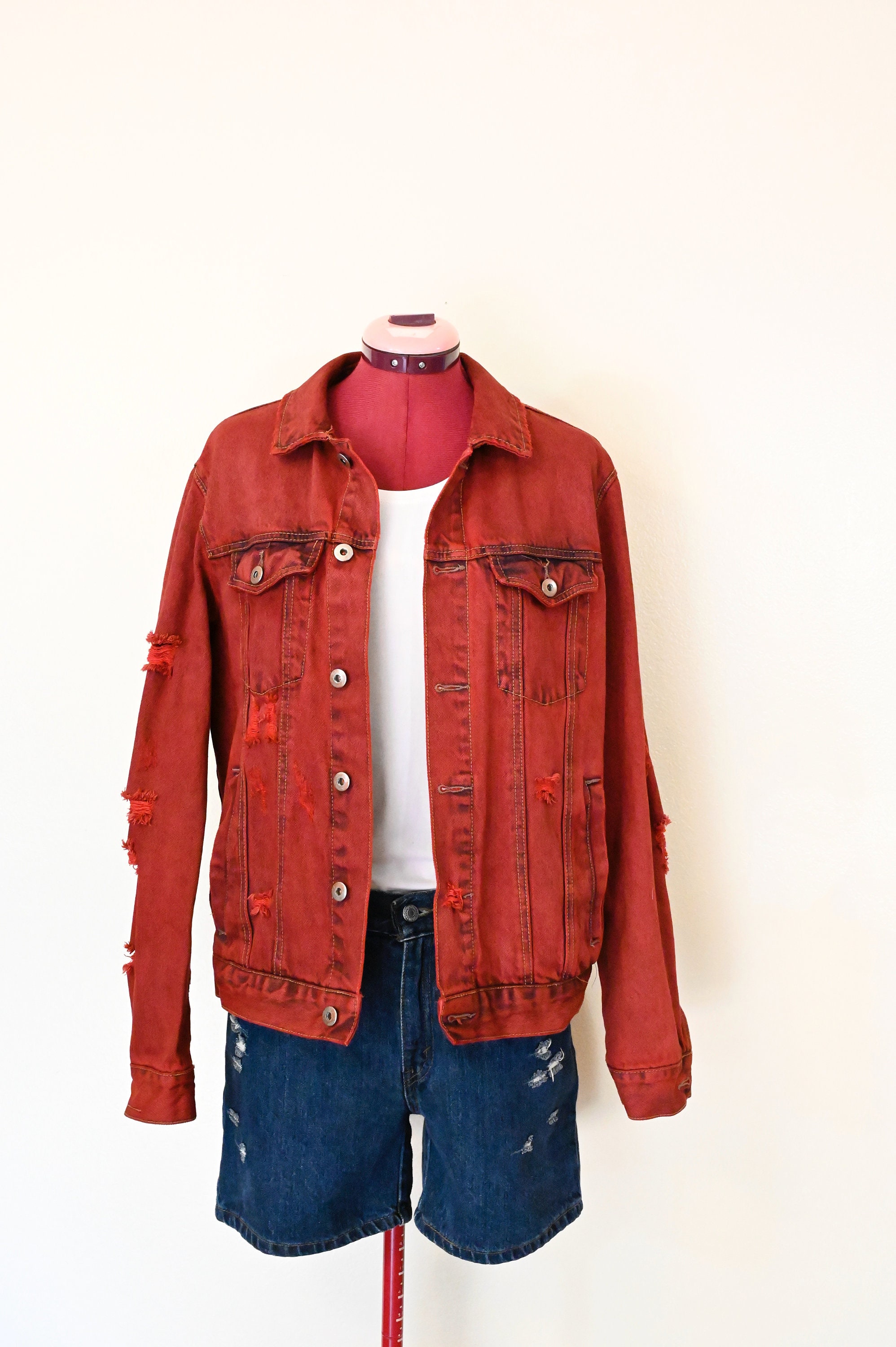 Red Men Medium Denim JACKET - Scarlet Red Dyed Upcycled Red Men Medium Denim JACKET - Scarlet Red Dyed Upcycled