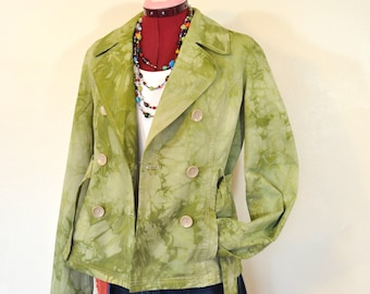 Apfelgrün meliert gefärbte Damen Kleine Upcycled Arizona Baumwolle Zweireihige JACKE (36 "Brust)