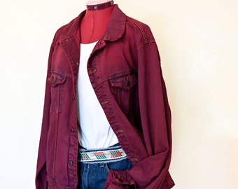 Wine Mens XL Denim JACKET - Wine Red Dyed Upcycled Abercrombie Denim Trucker Jacket - Adult Men&#39;s Size Extra Large (52&quot; chest)