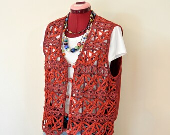 Red Dyed Womens Large Upcycled Cherokee Lattice Denim VEST (40" chest)