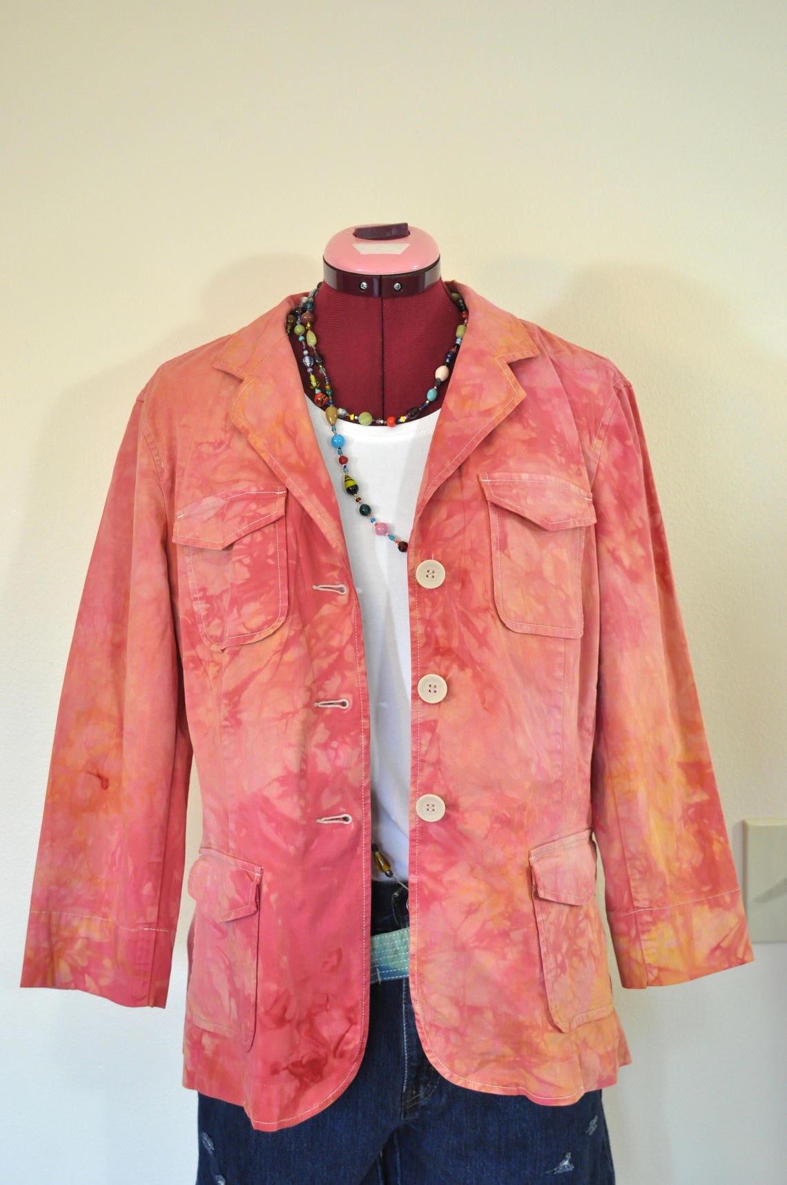 Pink Medium Cotton Jacket Orange Cherry Red Dyed Upcycled | Etsy
