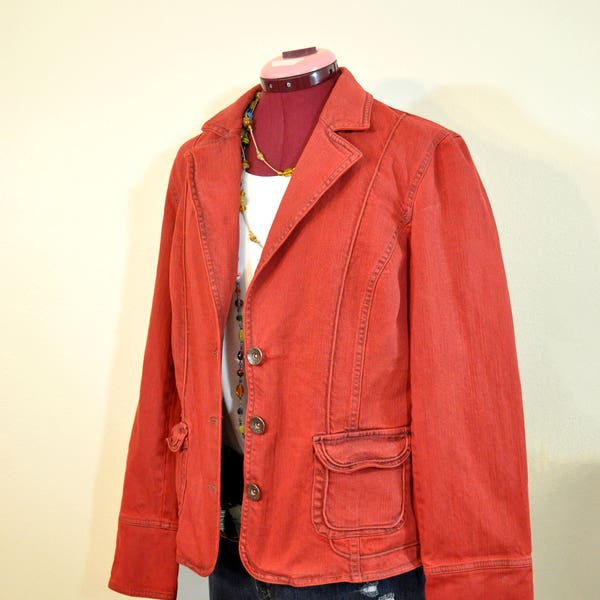 GIACCA di jeans media taglia 12 rossa - Giacca blazer di jeans denim riciclato tinto rosso scarlatto - Donna adulta taglia 12 media grande (petto 42)