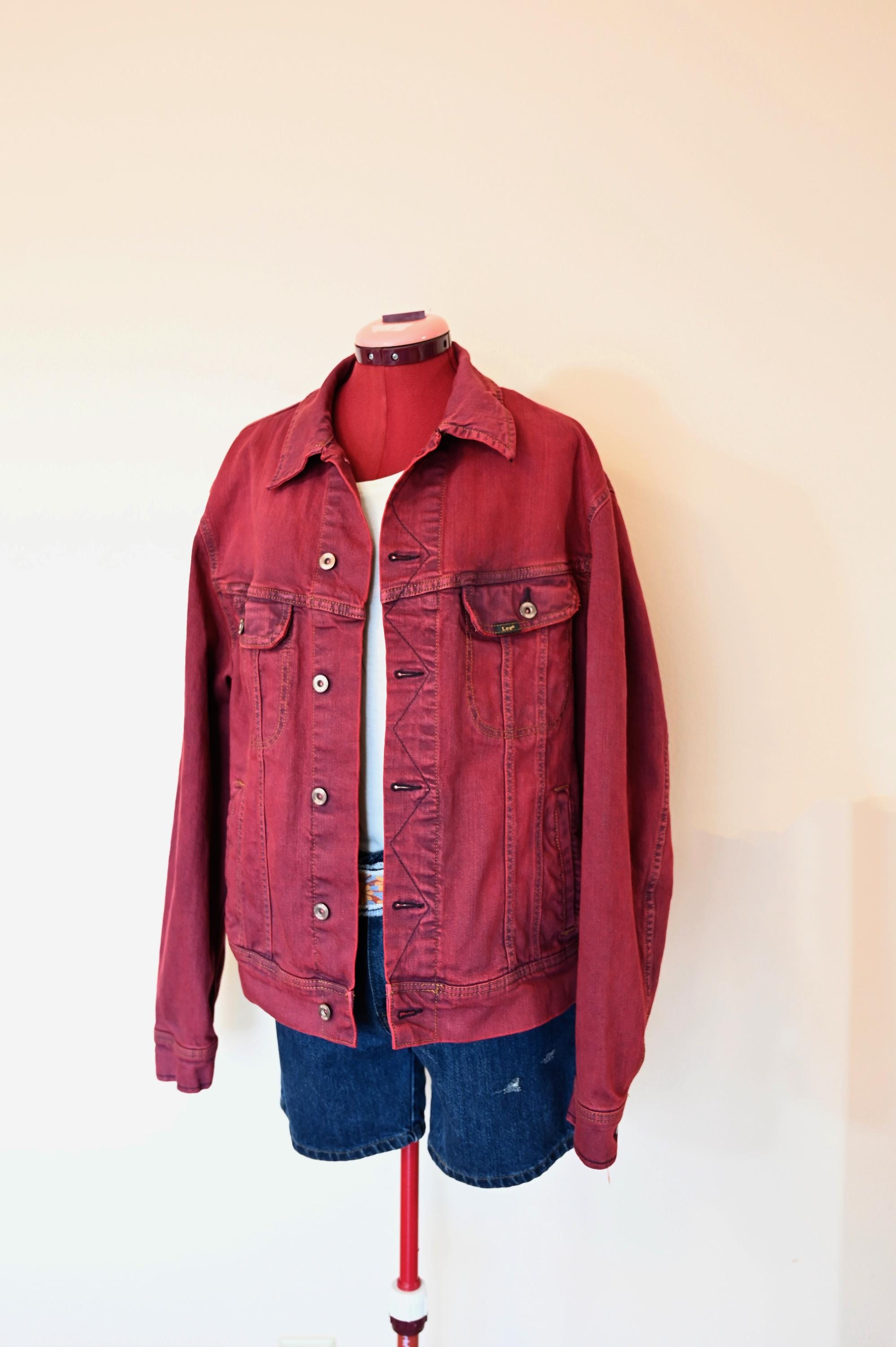 Red Dyed Adult Men's XL Upcycled Lee Denim Trucker JACKET