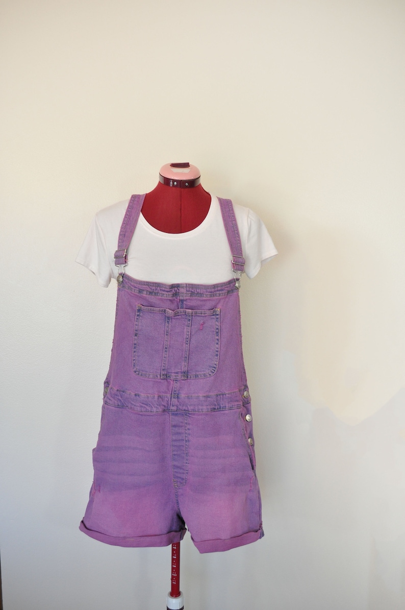 Fuchsia Pink Jrs. Xl 15/17 Bib OVERALL Shorts Pink Solid Dyed NEW No Bo Denim Shortalls Adult Women 15/17 Extra Large XL 38 Waist image 4