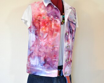Pink Violet Iced Dyed Women Extra Small Upcycled Merona Cotton Trucker VEST (36" chest)