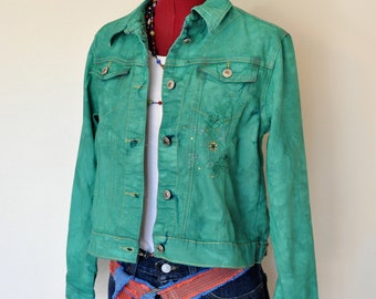 Vert Jr. Grande veste en jean - Kelly Green Dyed Upcycled Faded Glory Denim Cropped Trucker Jacket - Adulte Femmes Juniors Large (38" poitrine)