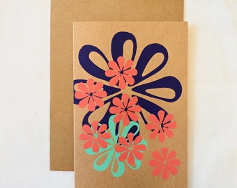 Flower Design Assorted Card Set - 8 Card + Envelope Set - 4 Designs of 3 color Screen Printed Original Floral Design - 101