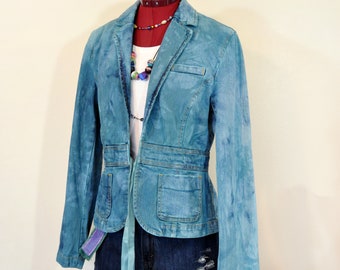 Aqua Dyed Womens Juniors Medium Upycled Old Navy Denim Blazer JACKET (38" chest)