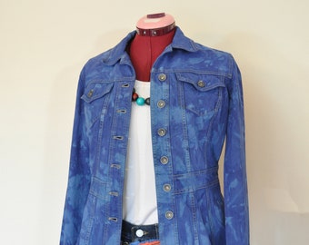 Blue Medium Denim JACKET - Royal Blue Mottled Dyed Upcycled Repurposed DKNY Denim Trench Jacket - Adult Womens Size Medium (38" chest)