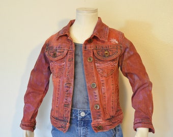 Orange Kids 4/5 Small Denim JACKET - Orange Cherry Red Dyed Upcycled Staccato Denim Trucker Jacket - Child Girls Size Small (26" chest)