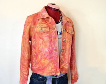 Rosa meliert gefärbte kleine Upcycled Express Denim Trucker JACKE für Damen (38 "Brust)
