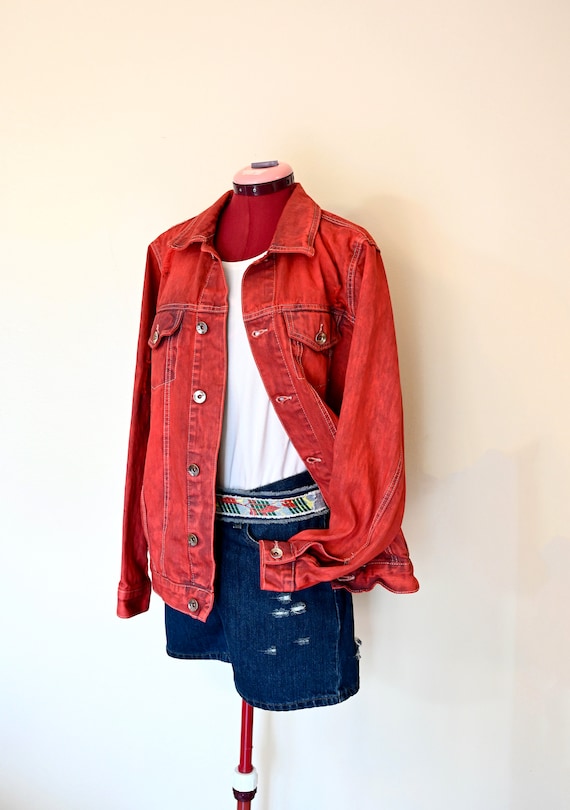 Red Men Medium Denim JACKET - Scarlet Red Dyed Upc