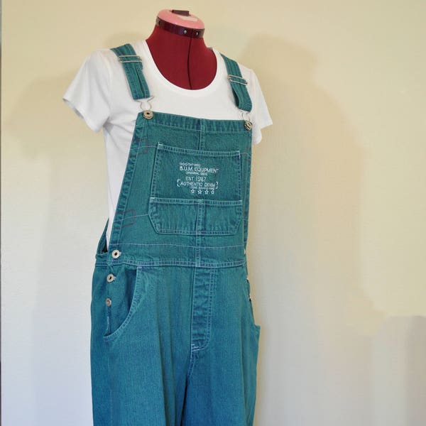 Green Large Bib OVERALL Pants - Emerald Green Dyed Bum Equipment 80s Cotton Denim Overalls - Adult Womens Size Large (38" W x 30" L)